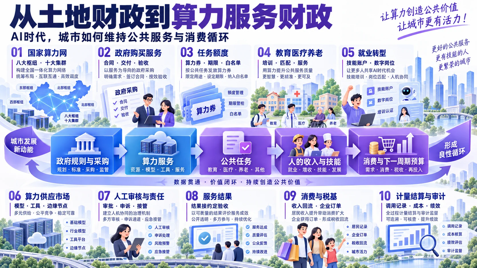 中国全国一体化算力网蓝图,展示八大枢纽、网络调度、绿色能源、数据安全和公共任务
